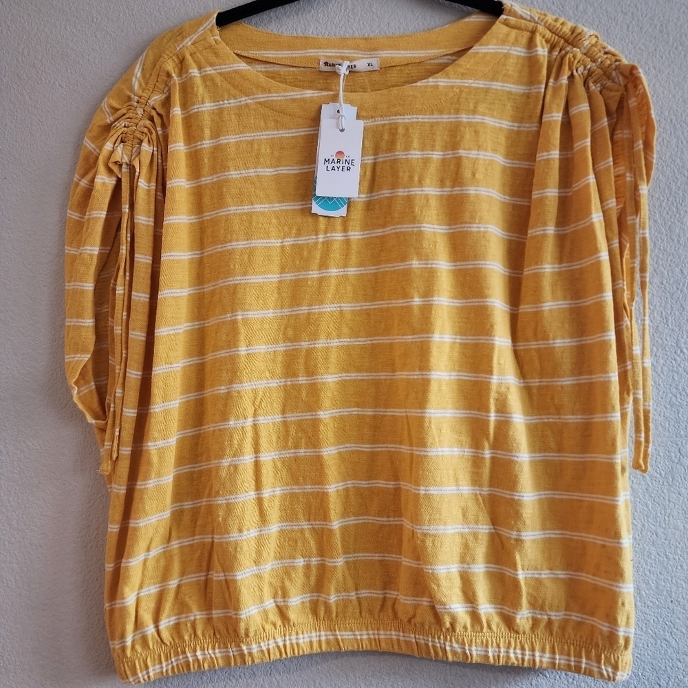 NWT Marine Layer Womens Blaine Cinch Tee Short Sleeve Striped Yellow Size XL